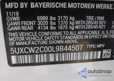 2020 BMW X7 xDrive40I z USA, uszkodzony, nr VIN 5UXCW2C00L9B44507